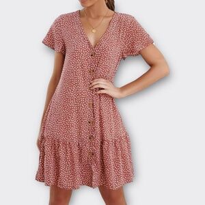 IMYSTY Women Polka Dot V-neck button front Ruffle casual midi dress Red Bean L